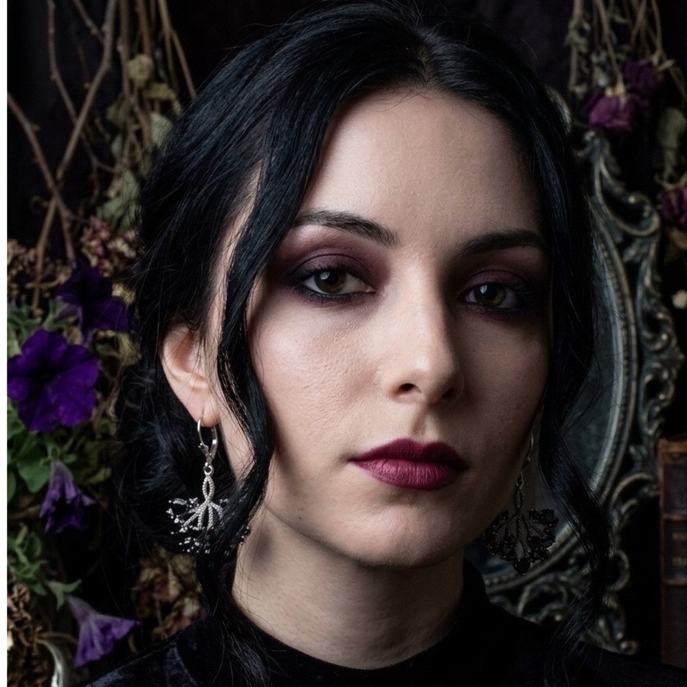 Whimsigoth Black Spinel Sterling Heart Filigree Branch Dangle Gothic Earrings